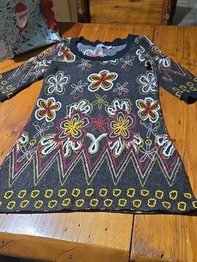 Funky People  Knit Sweaterdress  with Yellow & Red Floral Accents Sz S